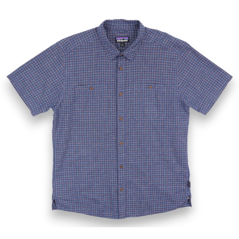 Patagonia Back Step Shirt Mens Large Blue Plaid Hemp Organic Cotton Outdoors